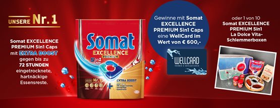 Gewinnspiel: 600 € WellCard + Somat Excellence Premium 5in1