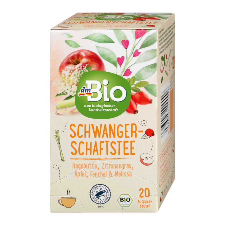 „Schwangerschaftstee Hagebutte, Zitronengras, Äpfel, Fenchel & Melisse“ von dmBio ACTIVE BEAUTY: dm Magazin für Beauty und Wohlbefinden plus Expertise vom dm friseur- & kosmetikstudio